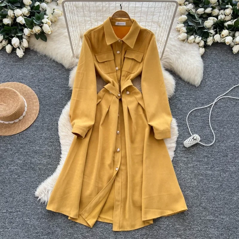 เดรสเชิ้ตกระดุมแถวเดียวสำหรับผู้หญิง สีพื้น ฤดูใบไม้ผลิ ฤดูใบไม้ร่วง ชุดเดรสสไตล์เกาหลี แฟชั่นหวานๆ ย้อนยุค ชุดเดรสยาว