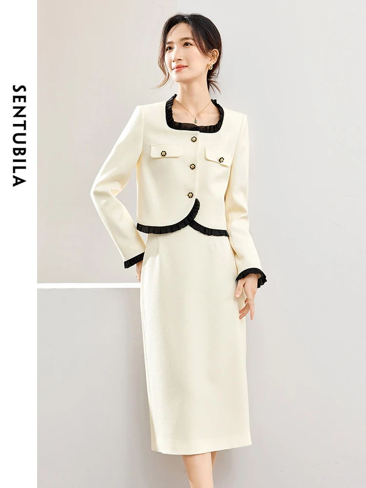

SENTUBILA Contrast Square Neck Jacket Skirt Sets for Women Elegant 2 Piece Outfits 2024 Spring Autumn Matching Sets 141Z53471