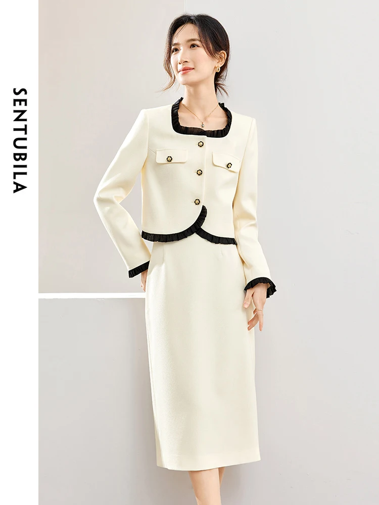 SENTUBILA Contrast Square Neck Jacket Skirt Sets for Women Elegant 2 Piece Outfits 2024 Spring Autumn Matching Sets 141Z53471