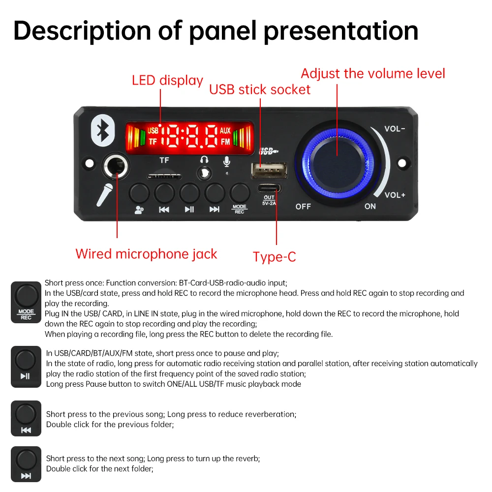 2X80W Amplifier Bluetooth5.0 MP3 Decoder Board 12V Car MP3 Player USB FM Recording Folder Switching Microphone Handsfree Control