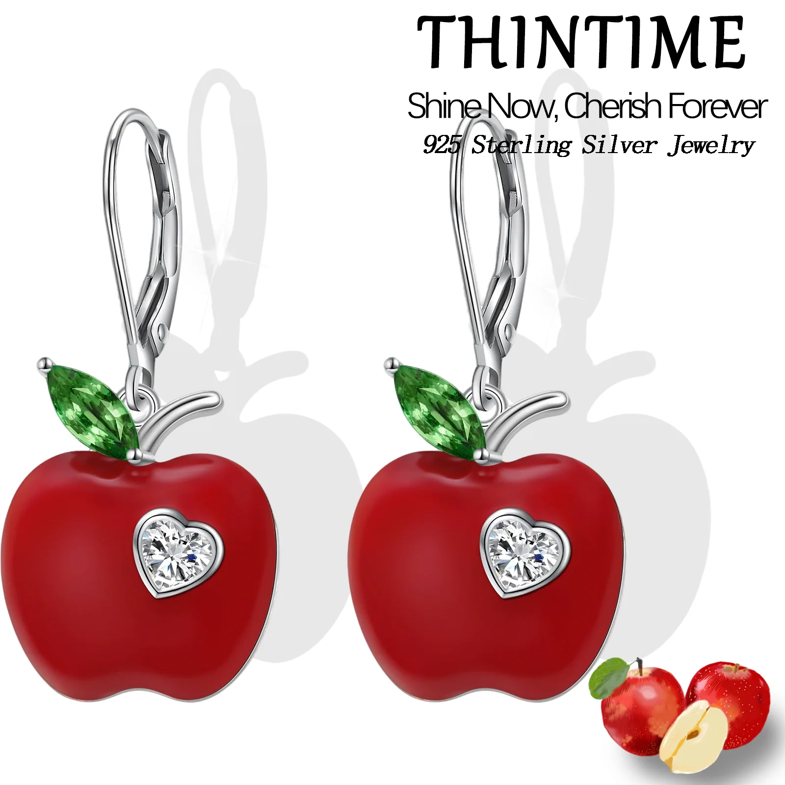 

925 Sterling Silver Fruit Earrings for Women Red Apple Drop Dangle Lever Back Earrings Christmas/Birthday/Christmas Eve Gift