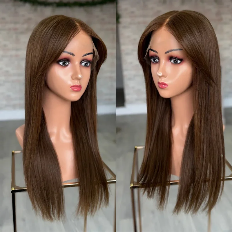 

Мягкий длинный прямой парик 13x4, шоколадно-коричневый с мелированием, синтетический HD-парик с кружевной передней частью, натуральная линия роста волос, 180% плотность