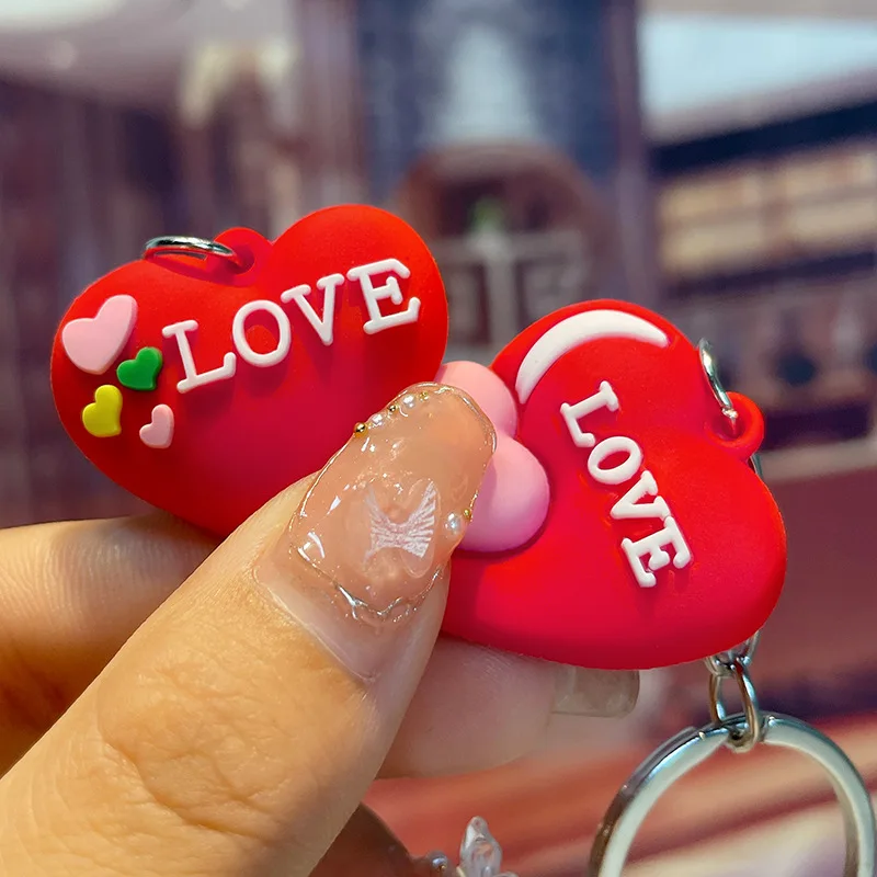 Cute Cartoon Love Heart Wings Keychain PVC Red Heart-shaped Toy Key Ring for Women Girls Car Handbag Phone Pendant Friends Gifts