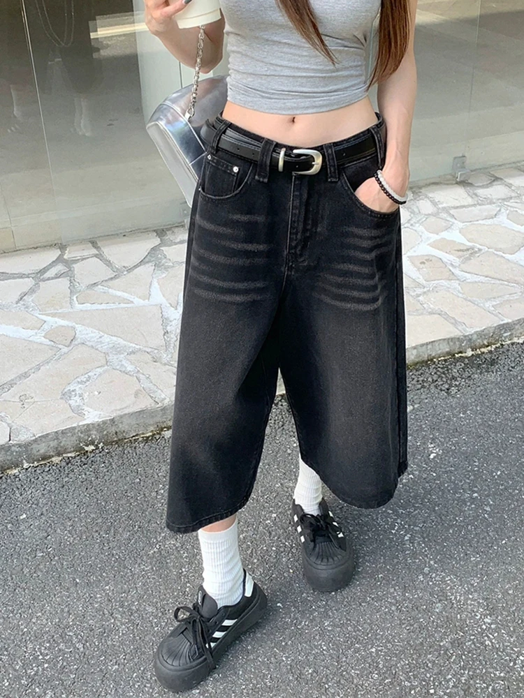 PBAP Whiskers Women Black Baggy Jeans Jorts Washed Distressed Low Rise Straight Wide Leg Denim Shorts Vintage Summer Streetwear