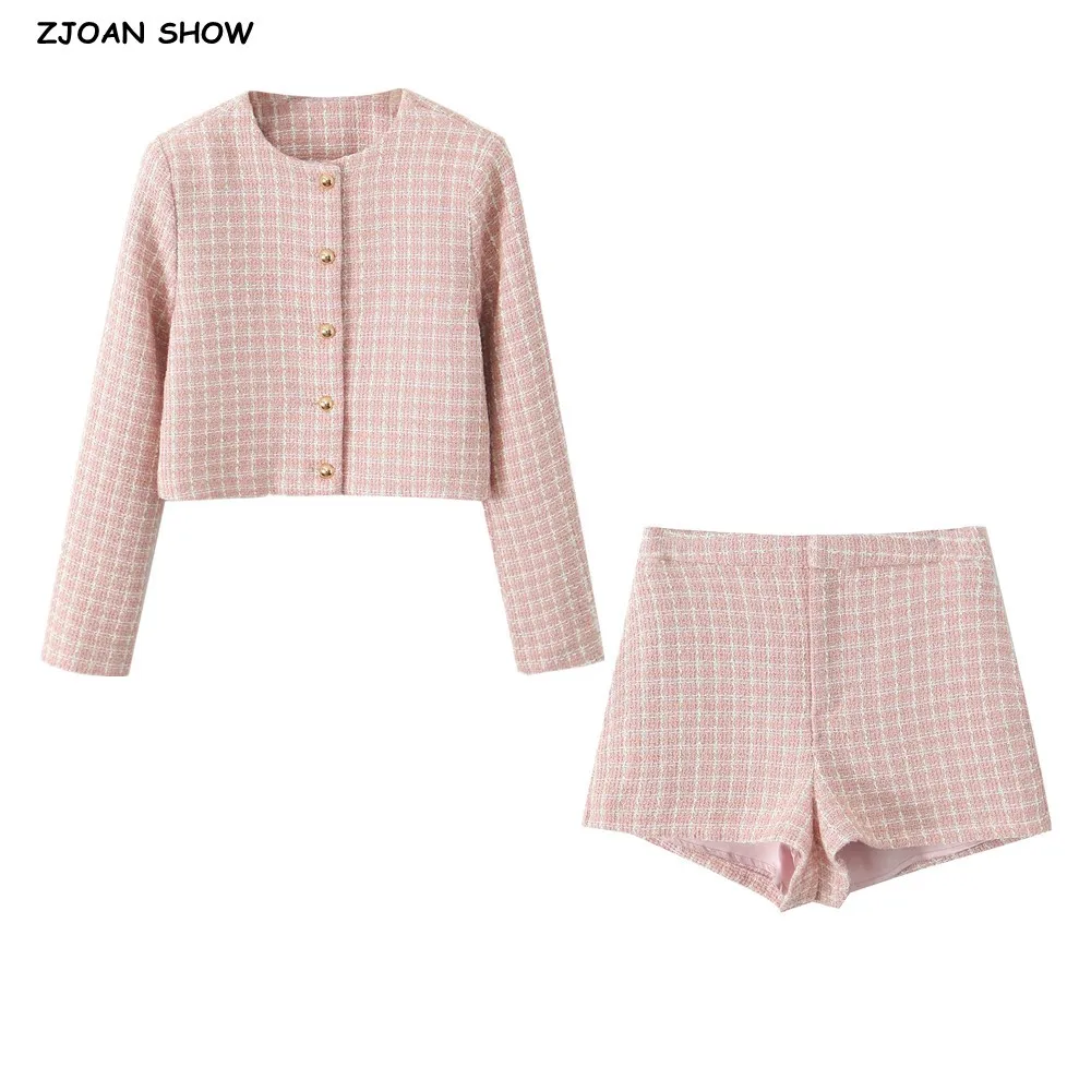 

2 pieces 1 Set 2024 French Style Retro Pink Plaid Woven Tweed Blazer + High Waist Mini Shorts Pants Suits