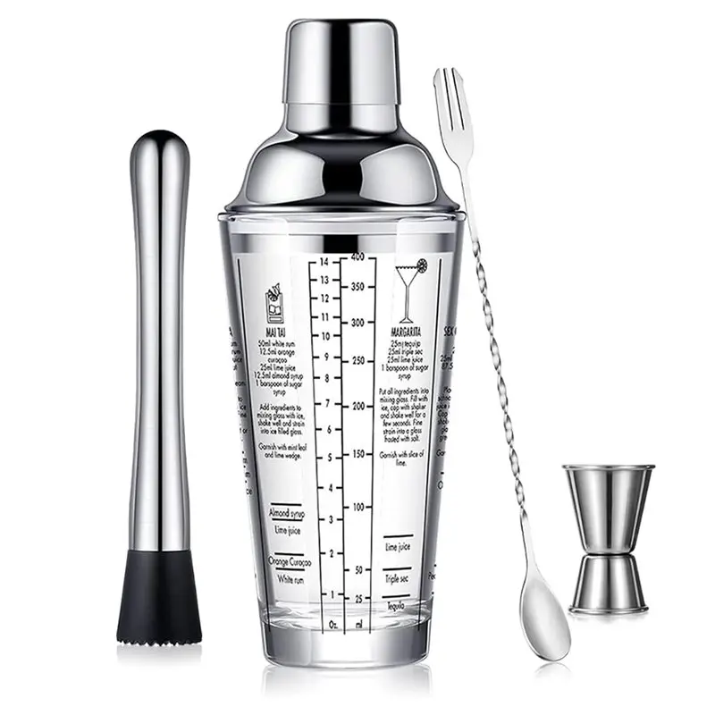 

BYBS-Glass Cocktail Shaker 400Ml Stainless Steel Leak-Proof Lid Boston Design Includes Jigger For Mixing Drinks Bar Tool