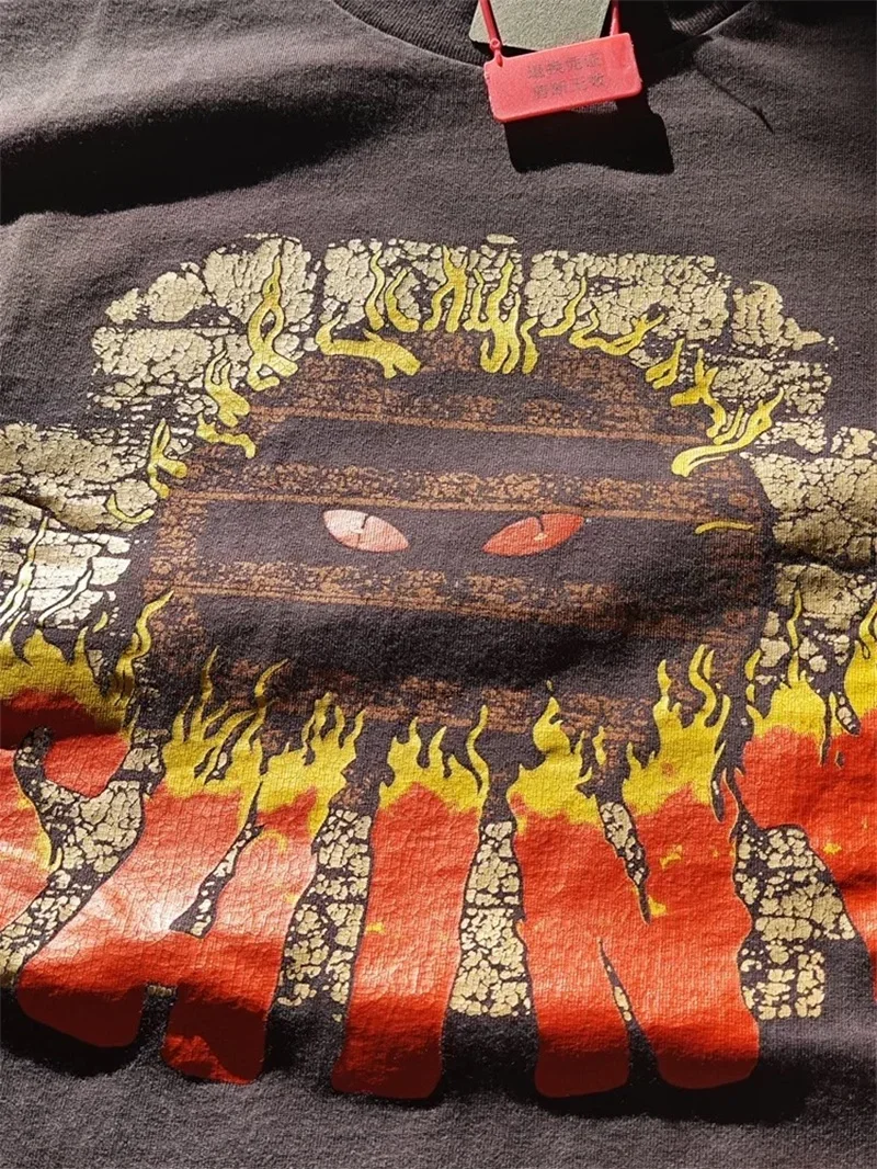 25SS Pure Cotton Saint Michael Hip Hop Hoodies Men Women 1:1 Washed Black Flame Pattern Long Sleeved T Shirts