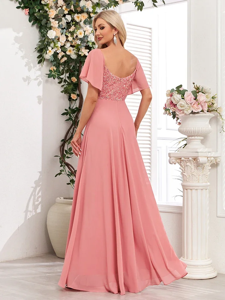 Women Square Neck Short Sleeve Coral Pink Formal Evening Dress A-line Sequin Chiffon Birthday Party Long Dress New