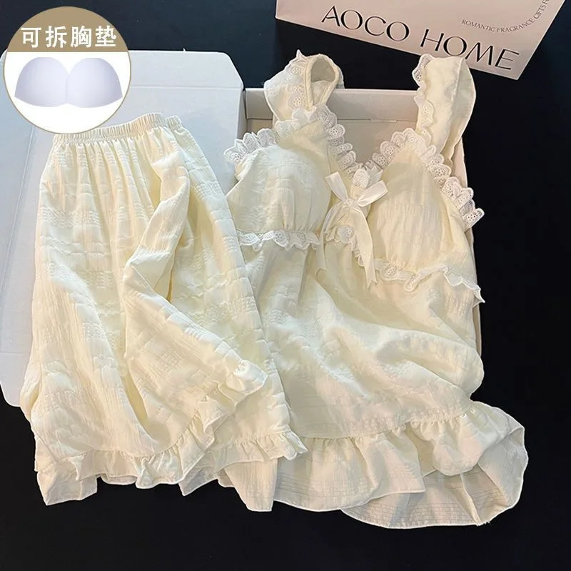 

Summer Suspender Pajamas for Women New Sweet Princess Style Thin Loose Shorts with Chest Pad Homewear Ladies Sleepwear Suit