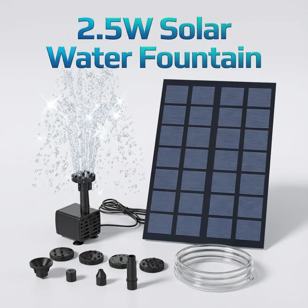 Pompe à eau solaire 2,5 W, avec 6 buses, tuyau d'eau de 1,2 m, fontaine d'eau de jardin DIY, bain d'oiseaux, idéale pour la fontaine/decoration extérieure