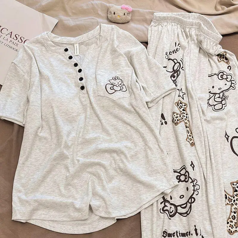 Hello Kitty New Summer Cartoon Women's Pajamas Printed with Chest Pad Short-Sleeved Trousers Suit Large Size Home Wear Design