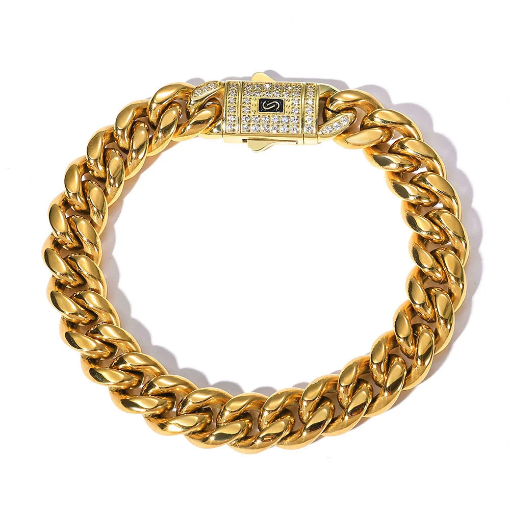 

Stainless Steel Cuban Chain Bracelet Hip-Hop Diamond Inlaid Polished Unisex Design
