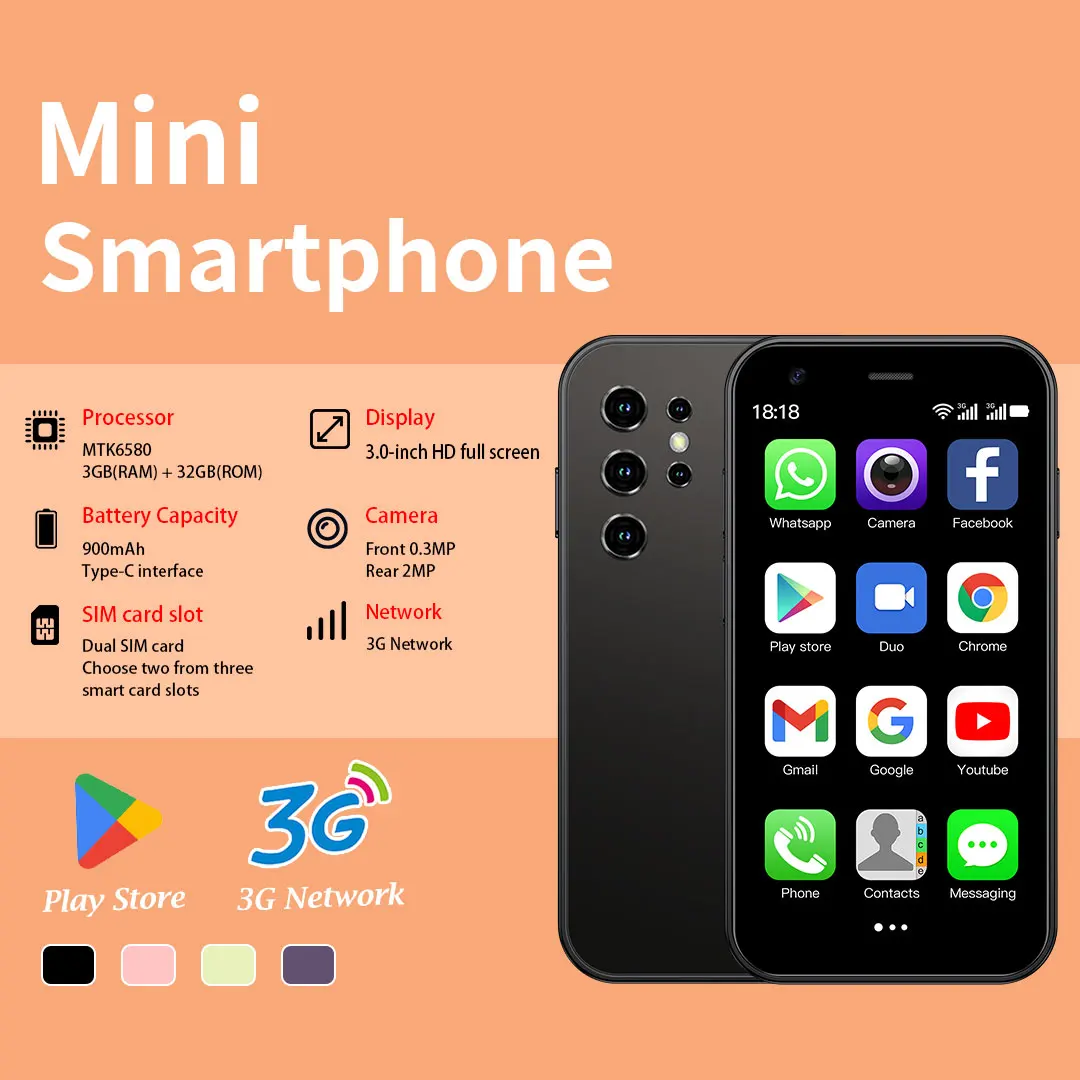 هاتف Soyes Mini-24 Android الذكي 3+32GB ثنائي الشريحة، هاتف صغير محمول 3.0 بوصة، هاتف هدية مدمج للأطفال وكبار السن