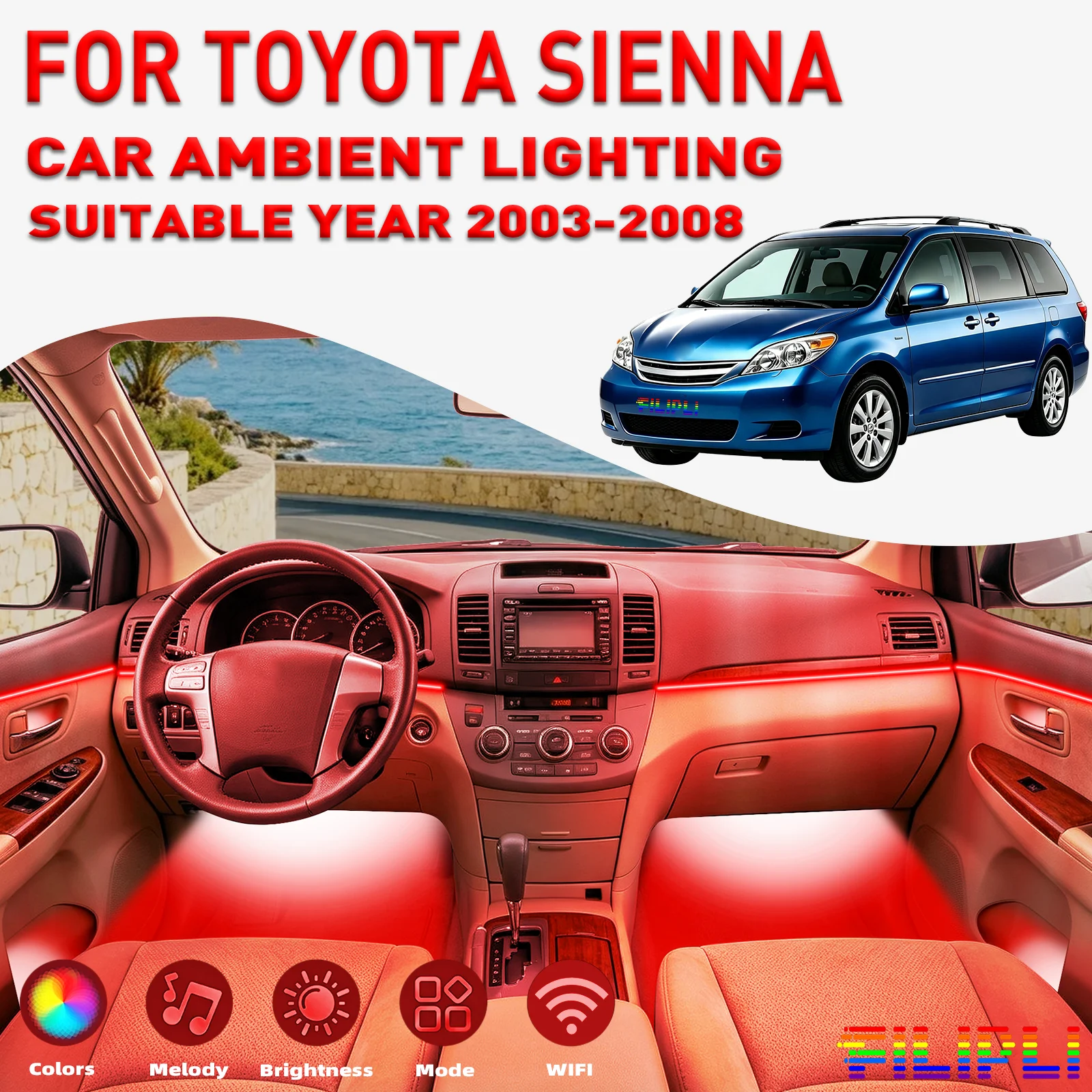 For TOYOTA Sienna 2003‑2008 18 Lights Kit 256 Colors RGB 18 in 1 Hidden Acrylic LED Strip Multi Scene Mood Neon Light Strip Wireless Remote Control Van Interior Glow Tuning Decor Kits Custom Van Mood Lighting Supplies