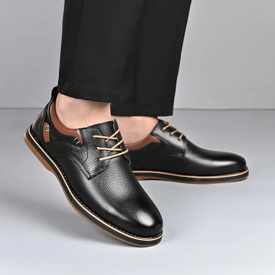 Men's Derby Shoes Pebbled Texture, Color Block, Round Toe, Lace-Up, Lightweight Flat for Office and Daily Commute