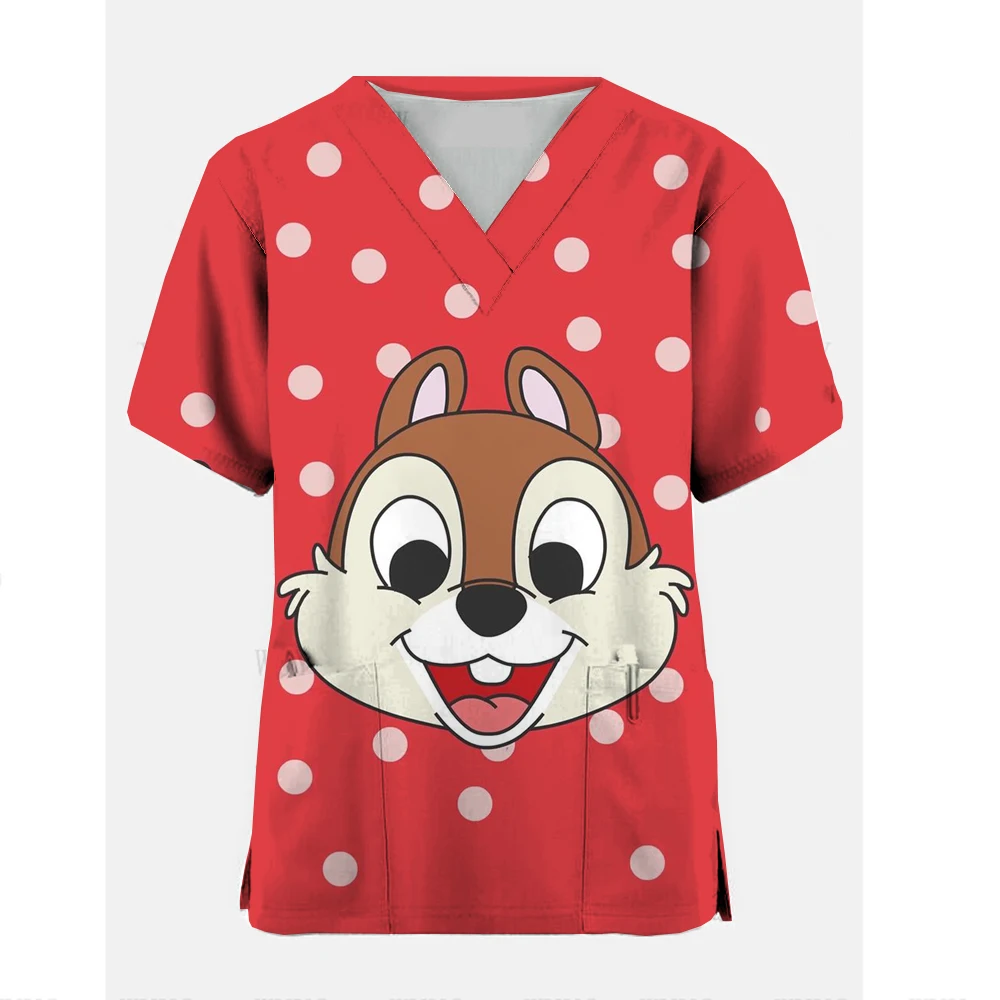 V-neck Nurse Uniform Squirrel Printed Work Clothes, and Polyester Informal Disney - Women's Work Clothes Chip Medical Care