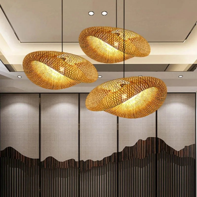 ZK40 Straw Hat Shaped Pendant Light 60cm Bamboo Pendant Light LED Ceiling Light Rattan Home Bedroom Decoration