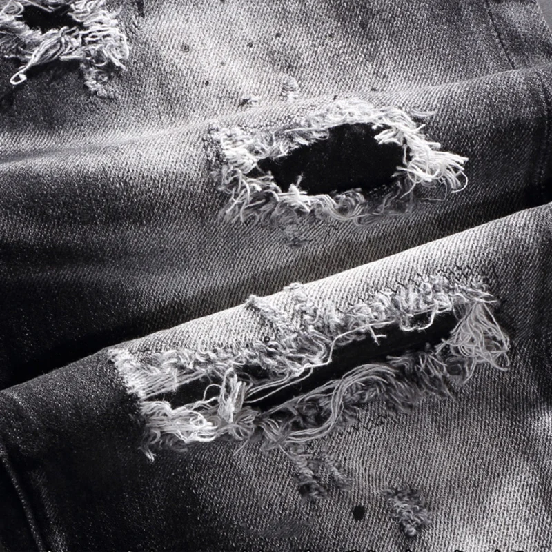 y2k Fashion New Black Grey Men's Jeans Scratch Painting Washed Water Nostalgic Stretch Slim Fit Jeans High Street Hip Hop B