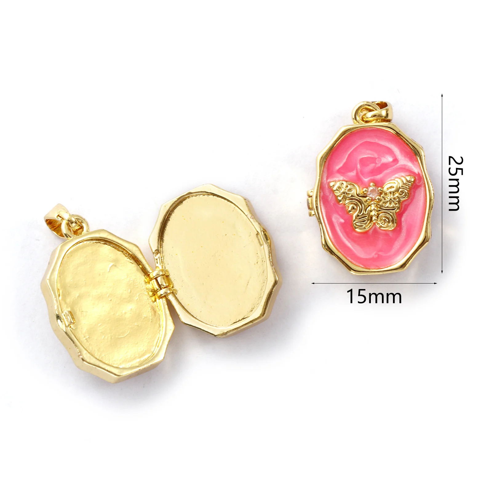 1Piece Brass Picture Photo Locket Frame Pendants 18K Gold Plated Enamel Oval Butterfly Can Open Clear Cubic Zirconia 25mm x 15mm