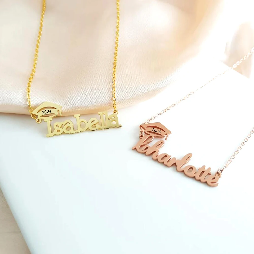 Personalized Stainless Steel 2024 Customized Name Necklace Graduation Commemorative Gift Doctoral Hat Student Gift Jewelry