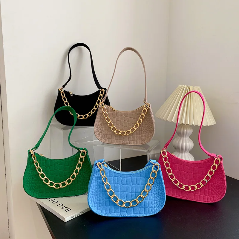 Women Felt Mini Shoulder Bag Underarm Bags Solid Color Casual Handbags with Chain Shoulder Female Purses Lightweight Bag 2023