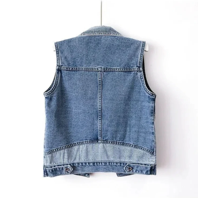 2024 Women\'s Summer New Original Design Fashion Commute Patchwork Pockets Button Striped Lapel Sleeveless Loose Denim Vest Coats