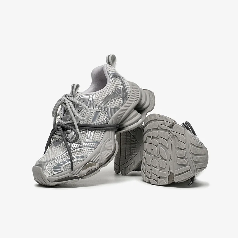 Women's Chunky Sneakers - Lace-Up Mesh and Synthetic Leather Trainers