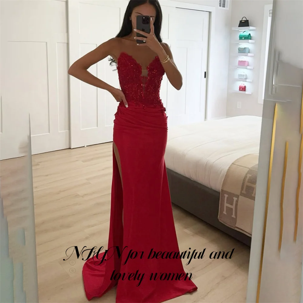 

NFYN Mermaid Stain Grape Party Dresses Sleeveless Pleat Formal Dresses Gown Long Evening Dress with Side High Split Customized