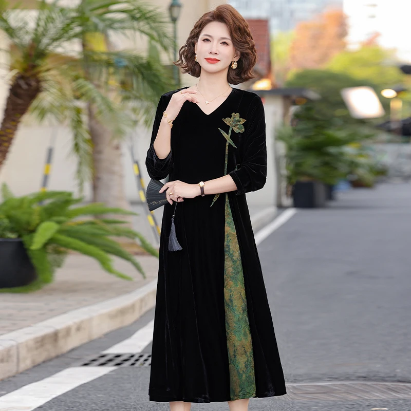 

Ele Velvet Dr New Chinese Sle for Mom Spring Faion Regal ly Women's Clothing Autumn Winter Seasonal Dres