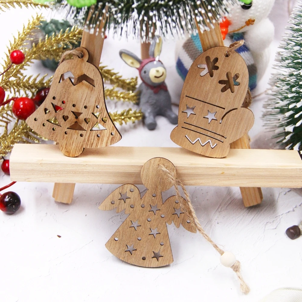 6PCS Christmas Wooden Snowflakes&Deer&Tree Pendants Carton Hollow Ornaments for Christmas Tree Hanging Decoration Xmas Kids Gift