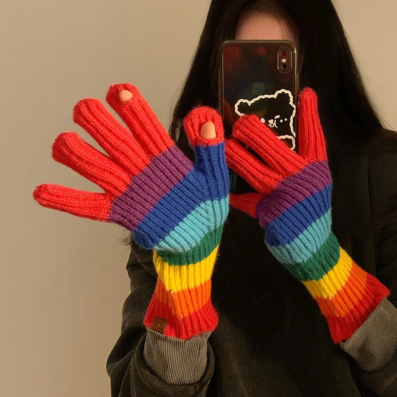 

1 Pairs Women's Gloves Korean Rainbow Fashionable Versatile Knitted Mittens Winter Thickened Warm Open Finger Gloves For Girl