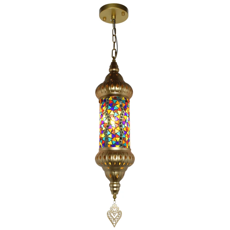 Lampe suspendue en mosaïque faite à la main de style marocain – Lampe suspendue rétro de 70 cm avec fer et verre de couleur pour salle à manger, villa, café déco