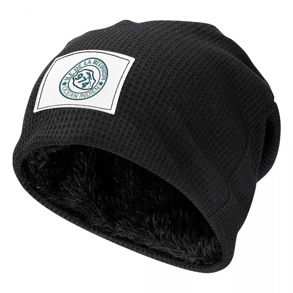 974 Reunion Island Flag Waffle Knit Fleece Lined Beanie with PU Leather Patch Unisex Warm Winter Soft Cap