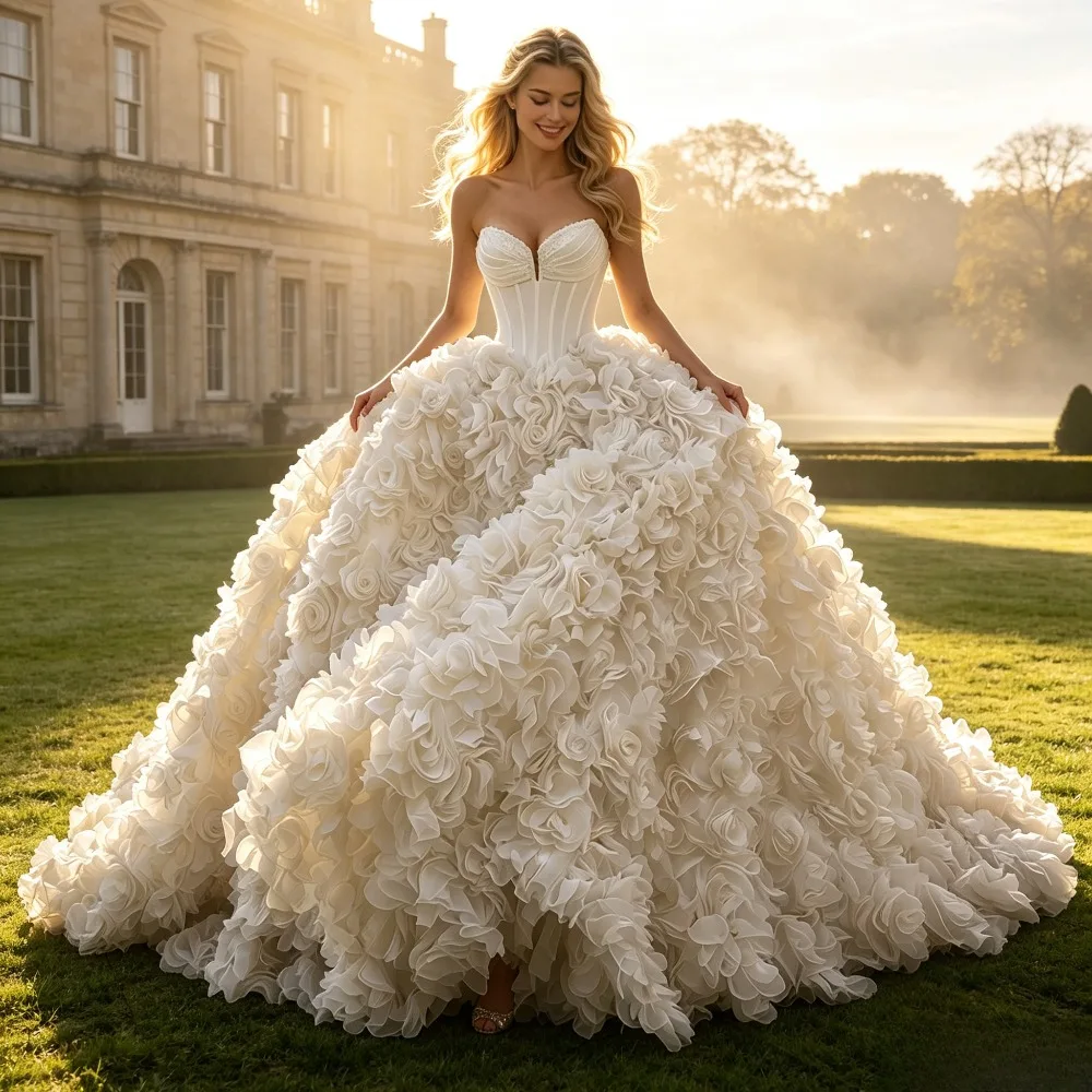 Customized Strapless Sweetheart Corset Ball Gown Wedding Dress 3D Handmade Floral Voluminous Skirt Long Court Train