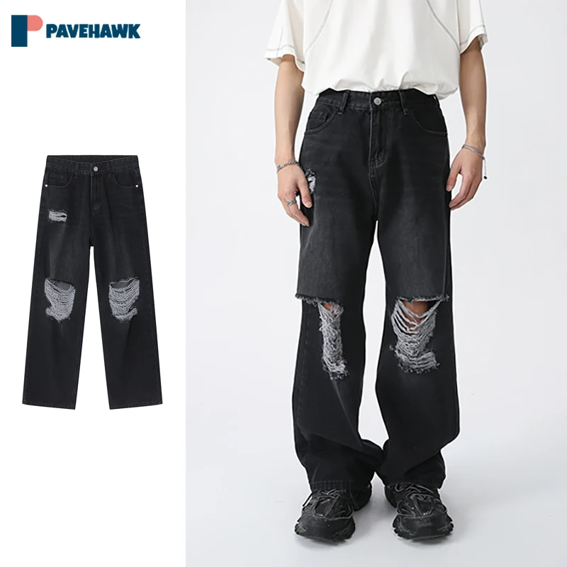 

Korean Men Baggy Jeans Fashion Street Hole Design Oversized Straight Denim Pants Women Retro Harajuku Black Wide Leg Trousers