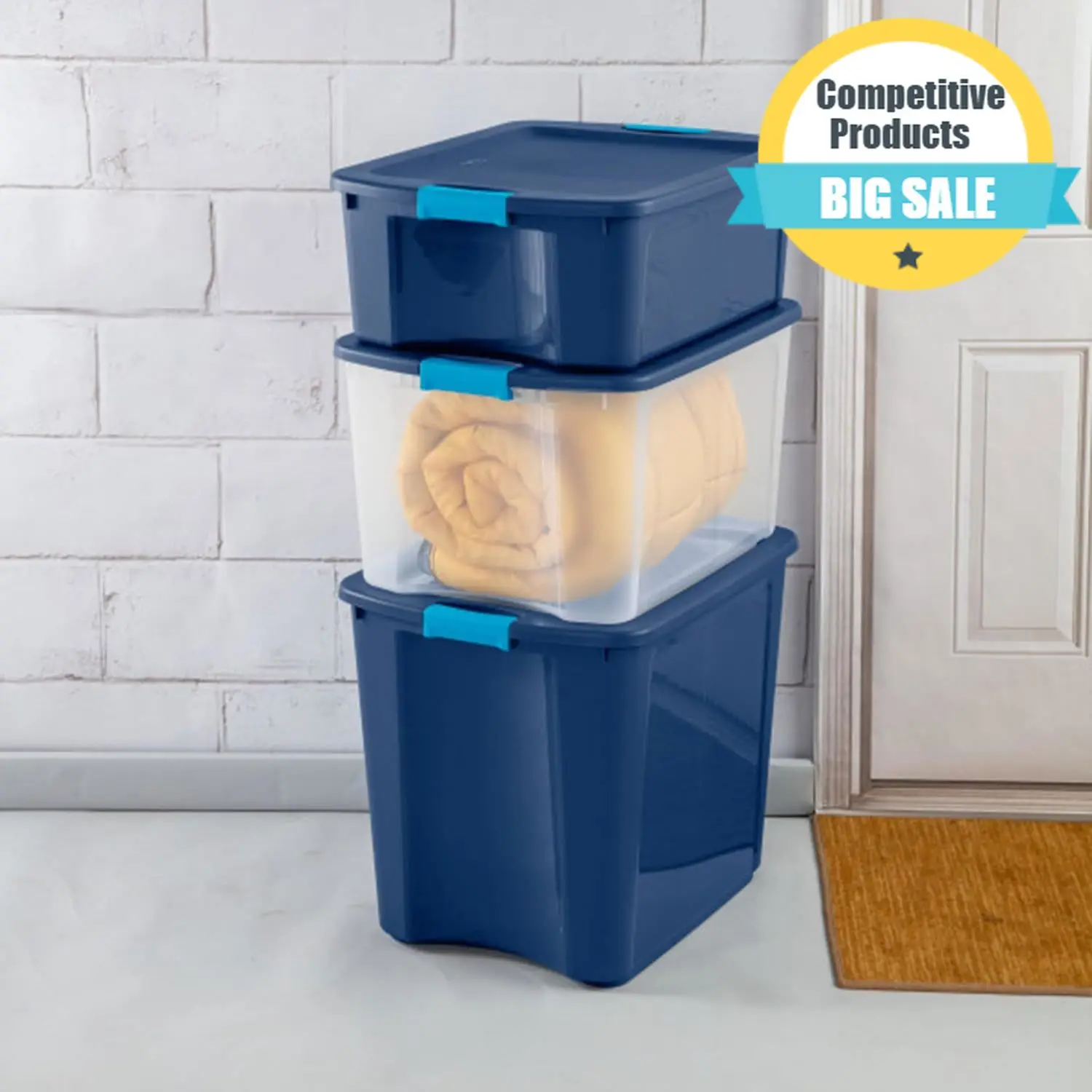 

Durable 18 Gal Latch And Carry, Stackable Storage Bin With Latching Lid, Plastic Container To Organize Closets, Clear With Blue,