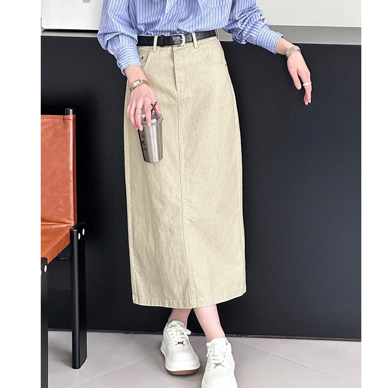 

2024 Women's Elegant A-Line Long Skirt High Waist Vintage Denim Skirt Femme Faldas Jupe Saia Spring Maxi Skirt