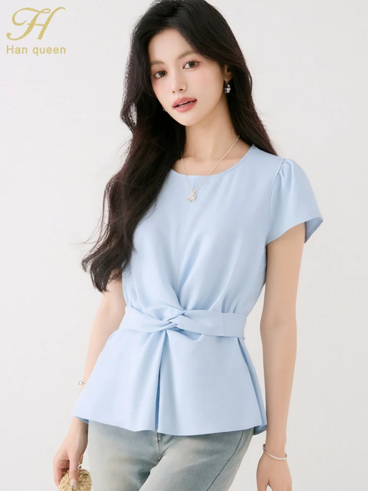 

H Han Queen 2025 Summer Shirt Cross Tie Straps Office Chiffon Blouse Short Sleeve Top Casual Korean Loose Blouses Woman Clothing