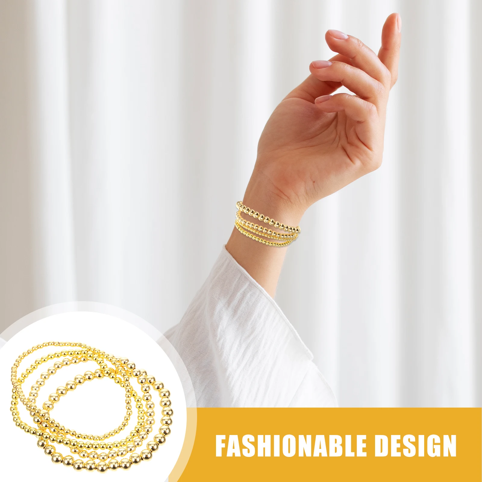 

4pcs Gold Beaded Bracelets Stretchable Women'S Fashion Ball Stackable Elastic Copper Trendy Bohemian Round Stretchy Gold