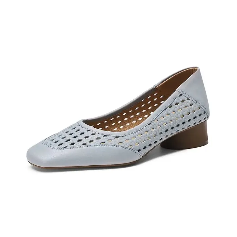2025 New Style Elegant Open Toe High Heel Women's Summer Leather Square-Toe Low Heel Shoes