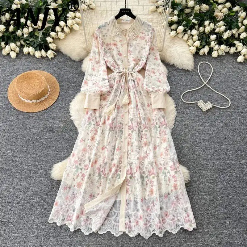 ANJY Spring Autumn New Women Trend French Style Floral Lace Long Sleeve Waist-Cinching Single Breasted Slim Elegant Dress A23539