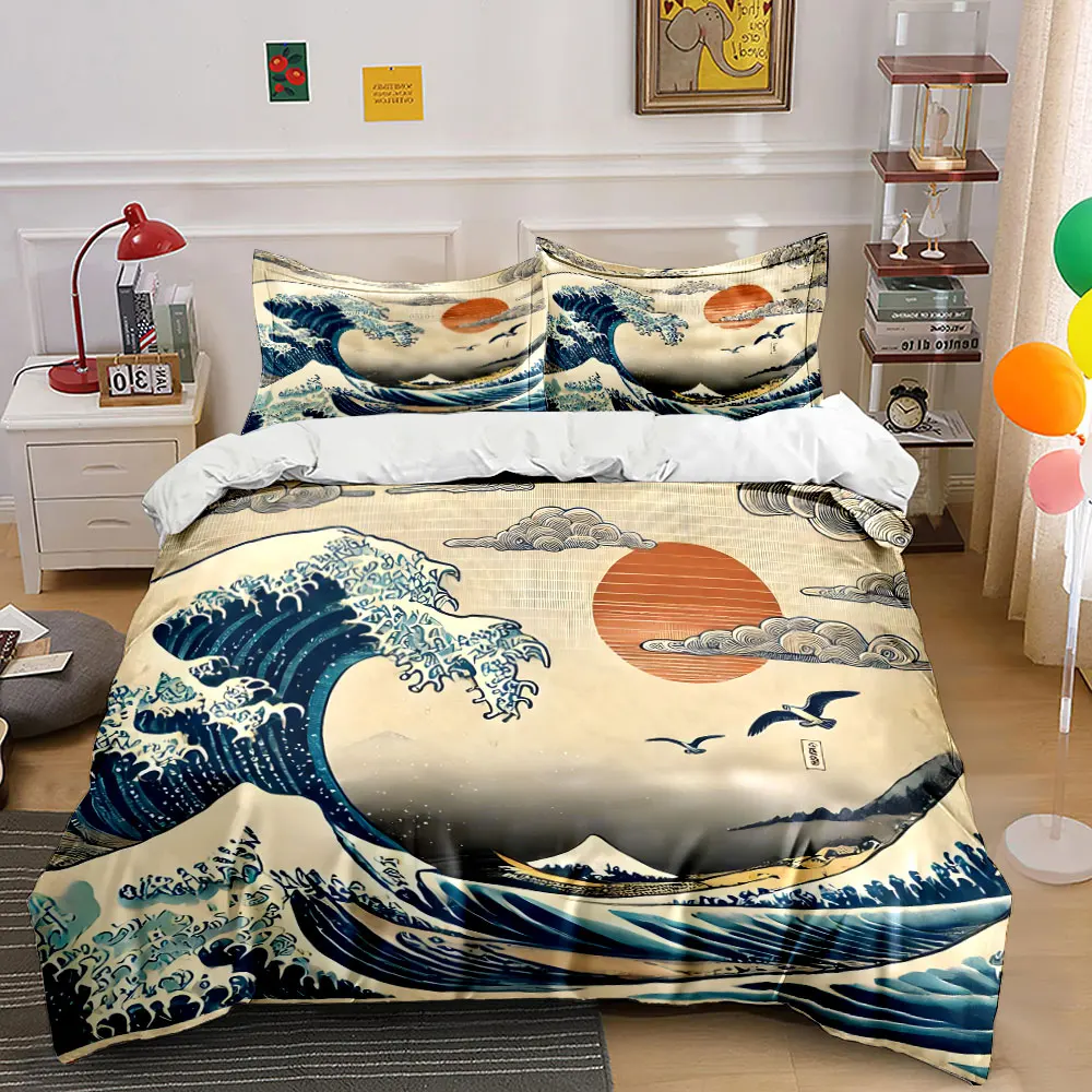 

Classic Japanese Great Wave and Peaks Print Bedding Set 1 Duvet Cover 2Pillowcases for Adult and Children Luxury Gift Full Size