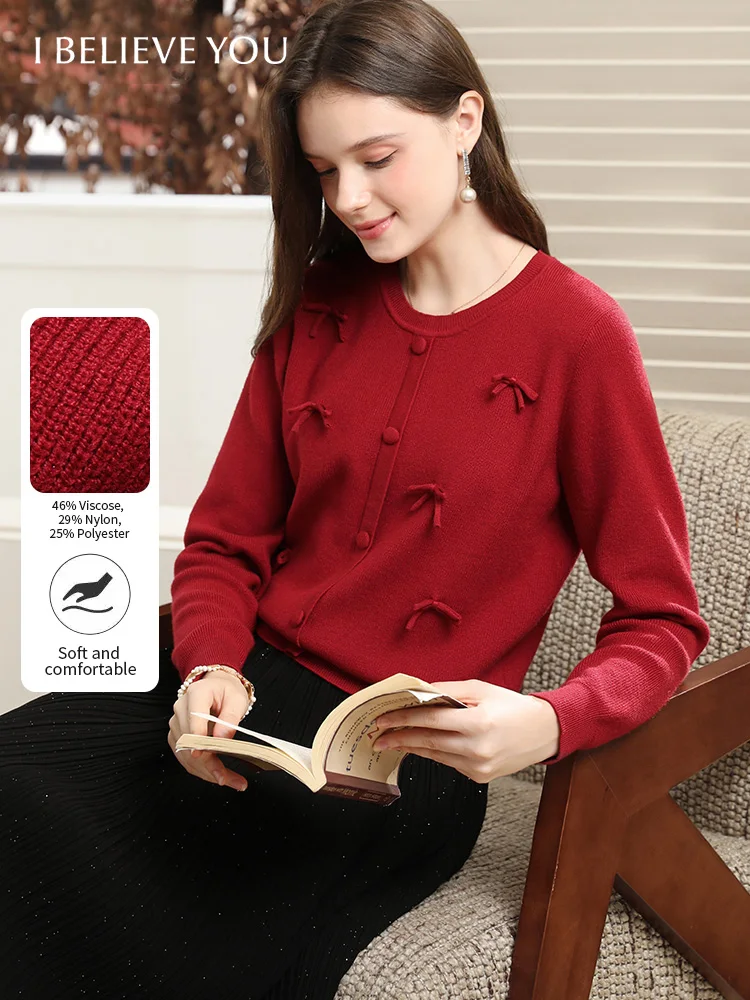 

I BELIEVE YOU Woman Sweaters 2025 Sutumn Red French 3D Bow Knit Pullovers Casual O-neck Long Sleeves Knitted Clothes 2253126188