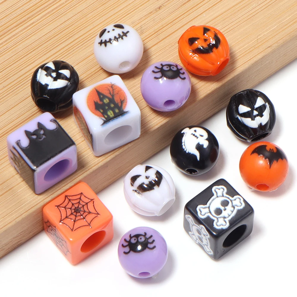10-20pcs Halloween Series Acrylic Beads Pumpkin Skull Ghost Spider Pattern Loose Beads For DIY Jewelry Bracelets Phone Key Chain - view 5