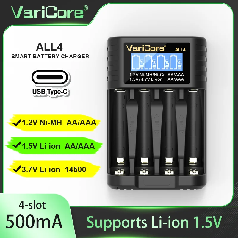 Caricabatteria Varicore 4 slot per 3,7 V Li-ion 14500 10440 1,2 V Ni-MH Ni-Cd AA AAA 1,5 V Ricarica rapida e sicura