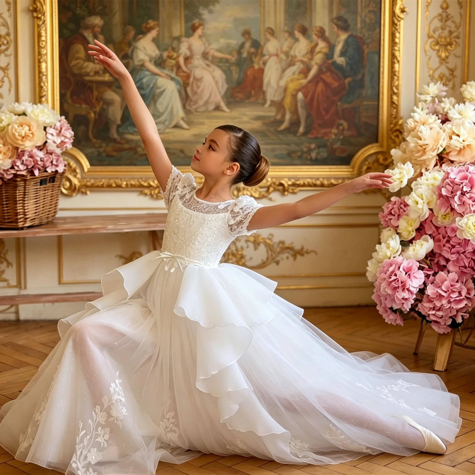 

Customized Flower Girl Dress For Wedding Appliques Bow Short Sleeve Floor Length Elegant Kids Birthday First Communion Gown
