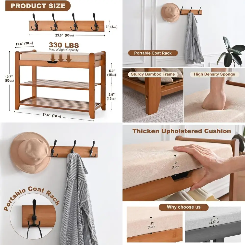 Bamboo 3-Tier Shoe Storage Bench with Coat Rack, Holds Up to 330 lbs for Entryway and Bedroom