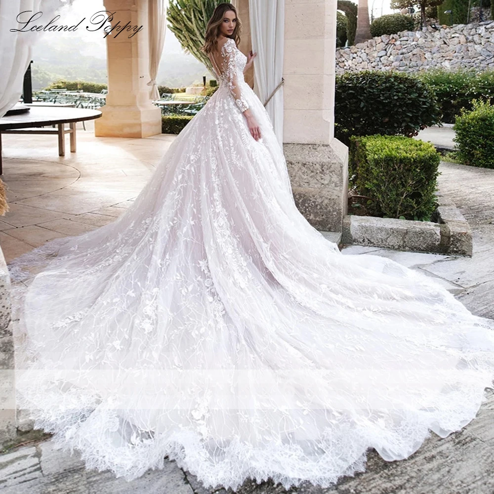 Lceland Poppy Abito da donna con scollo rotondo e scollo rotondo, abiti da sposa in pizzo, lunghezza del pavimento, maniche lunghe, abiti da sposa con strascico reale