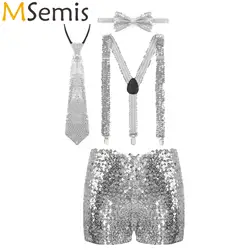 Kid Boys Girls Shiny Sequins Jazz Latin Disco Dance Outfit Shorts with Elastic Y Shape Adjustable Suspenders Necktie Bow Tie Set