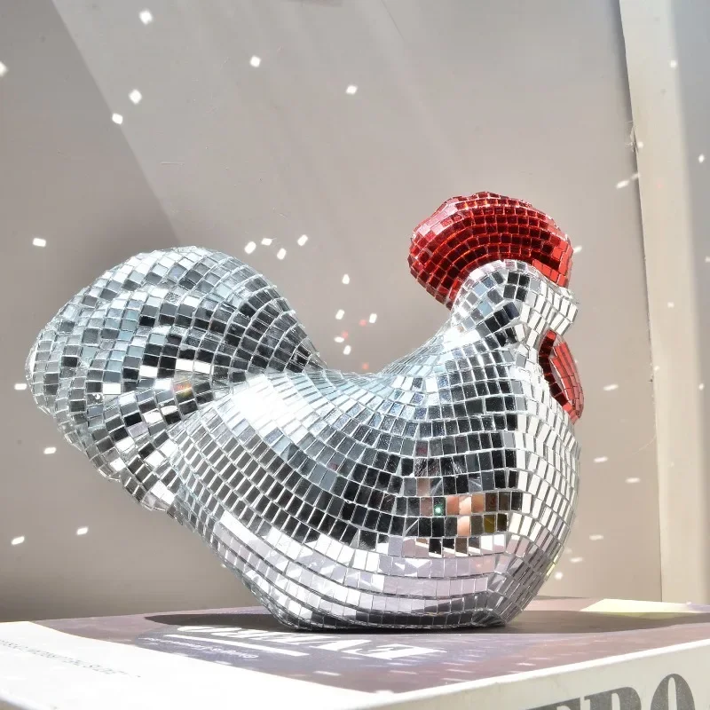 Creative Mirror Chicken Sculptures Statue Disco Ball RoosterShape Home Decor Ornaments Party Supplies Birthday Decorations